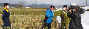2021年1月15日BSS山陰放送　テレポート山陰に鳥取・田中農場の極寒越冬白ねぎを取材していただいている様子